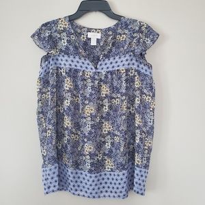 LOFT Blue Floral Ruffle Short Sleeve Top Small